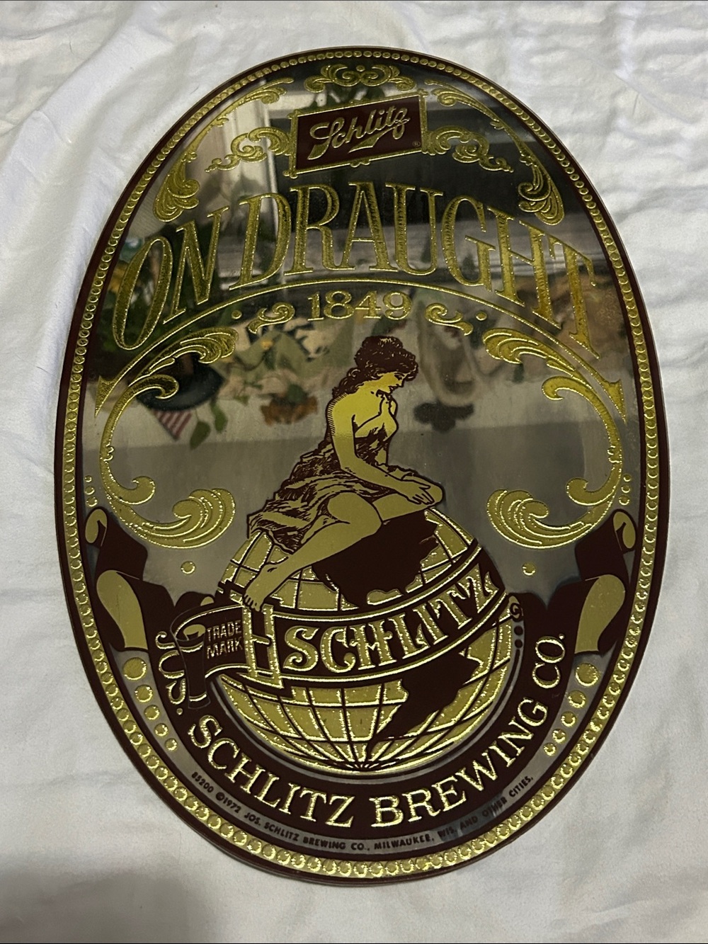 Vintage 1972 Schlitz Brewing Co. Bar Mirror Sign - On Draught 1849 Girl On Globe
